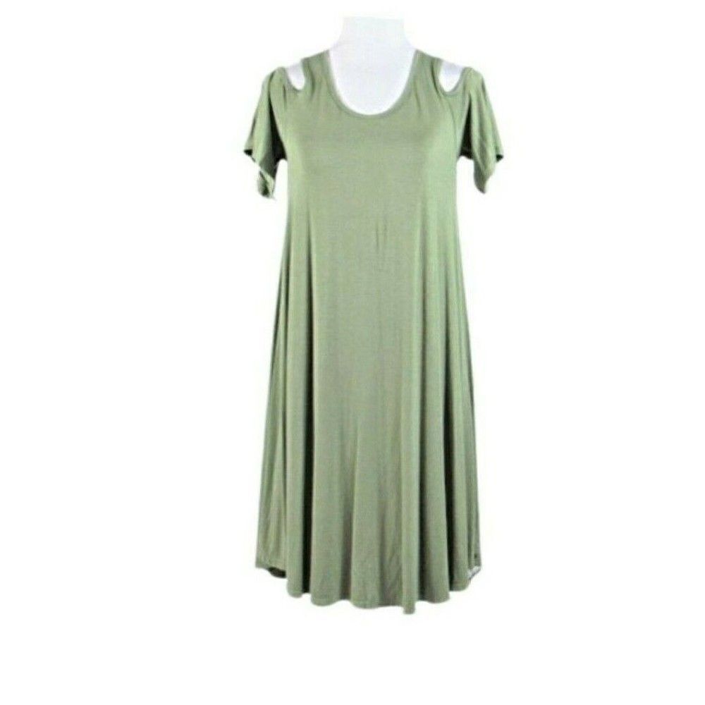 Bamboo Eco-Friendly Knit Dress Cold Shoulder A-Line Short Sleeve Green Sz Small